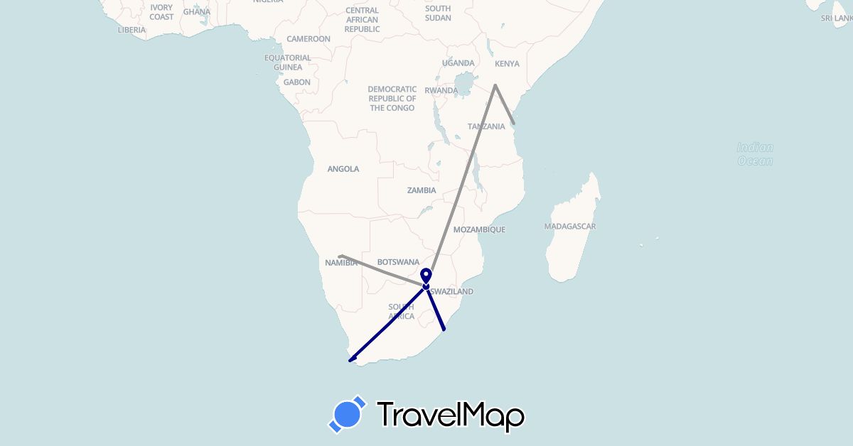 TravelMap itinerary: driving, plane in Kenya, Namibia, Tanzania, South Africa (Africa)